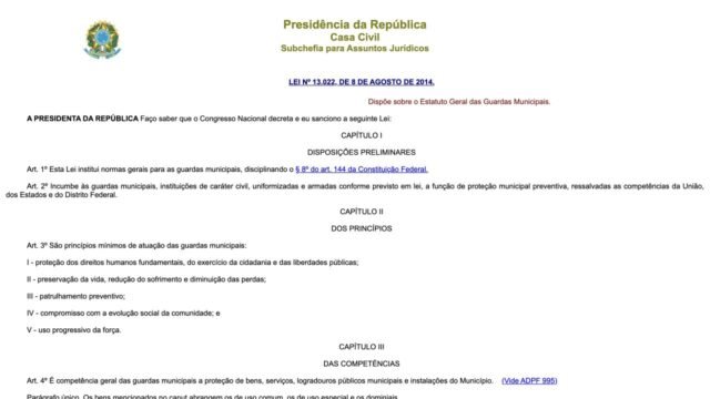 Página oficial da Lei 13.022/2014, Estatuto Geral das Guardas Municipais, no portal do Planalto.