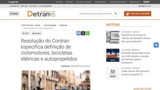 Publicação oficial do DetranRS sobre a resolução federal do Contran que diferencia bicicletas elétricas, ciclomotores e autopropelidos.